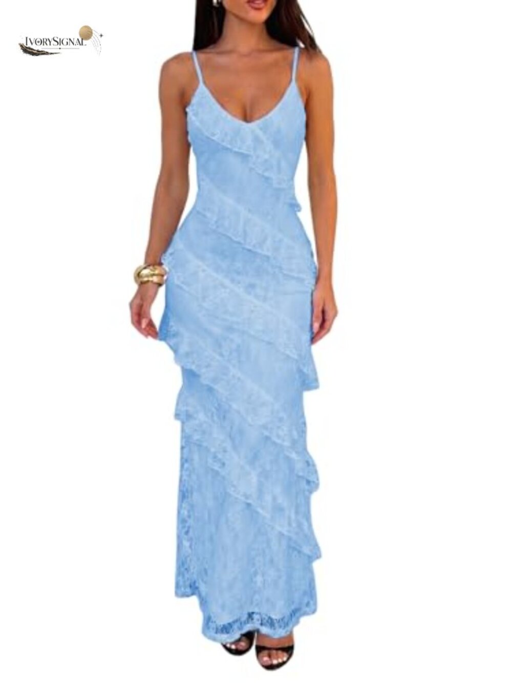 Sexy V Neck Floral Lace Maxi Dress Spaghetti Strap Backless Formal